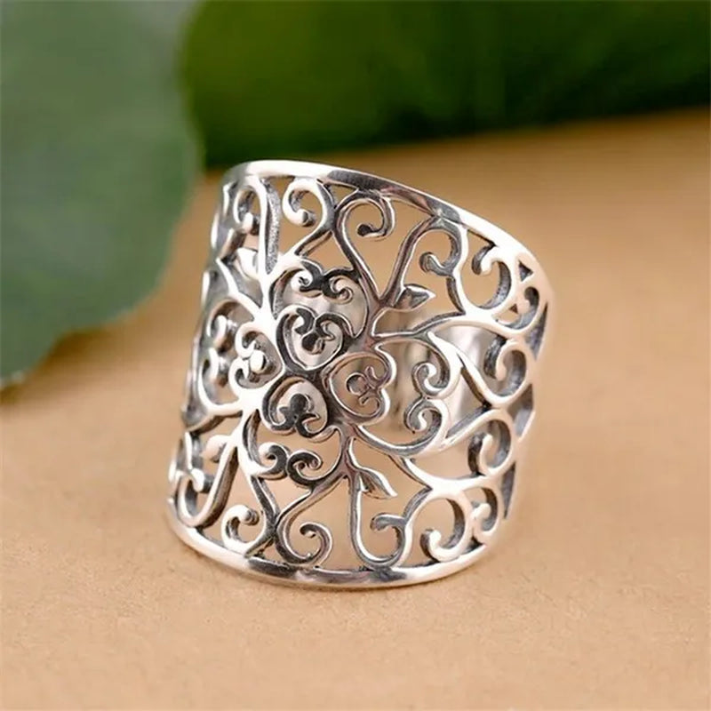Wide Face Hollow Flower Vintage Open Ring 925 Pure Silver Carving Women's Ring Size Adjustable Opening