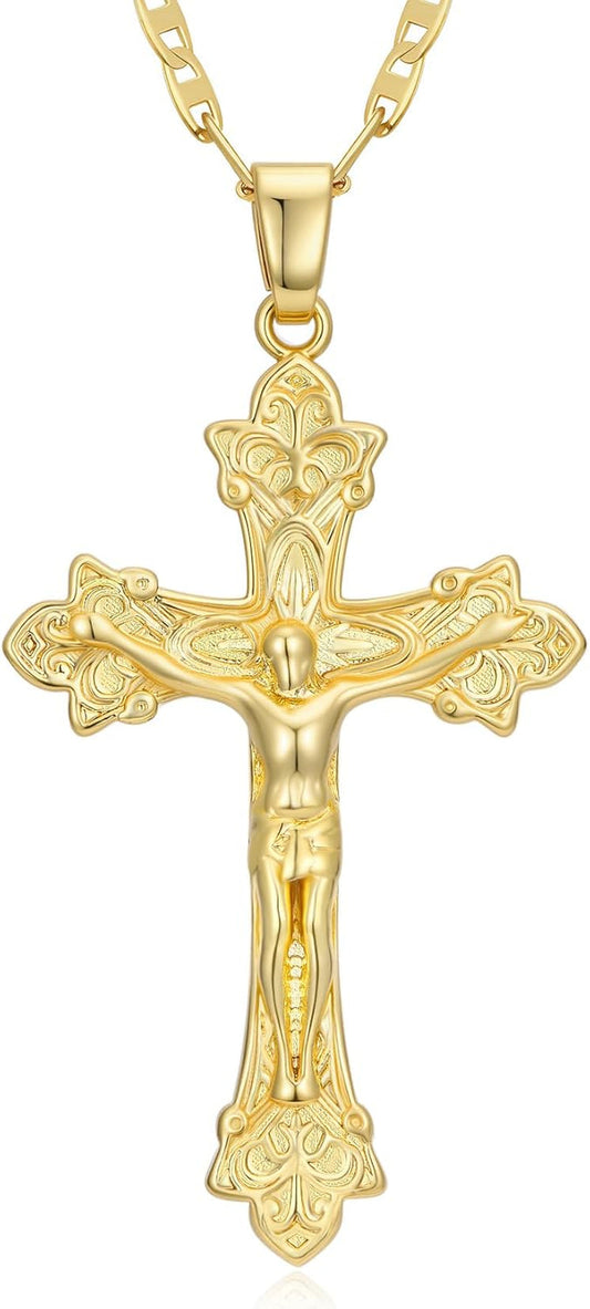 Gold Crucifix Necklace 14K Gold Cross Necklace Jesus Cross Pendant Religious Catholic Jewelry for Men Women