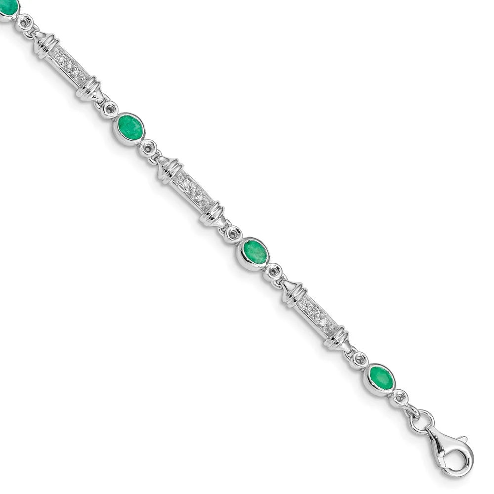 Sterling Silver Rhodium-Plated Emerald and Diamond Bracelet