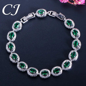 CANDICE Silver Plated Link Chain Bracelets Round Green Crystal Fashion Jewelry For Lady（Extended Clasp）