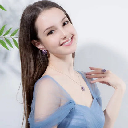 Gloriya Shining Purple Stone Sun Flower Pendant Necklace Earrings Ring Set For Women Newest Silver Color Jewelry