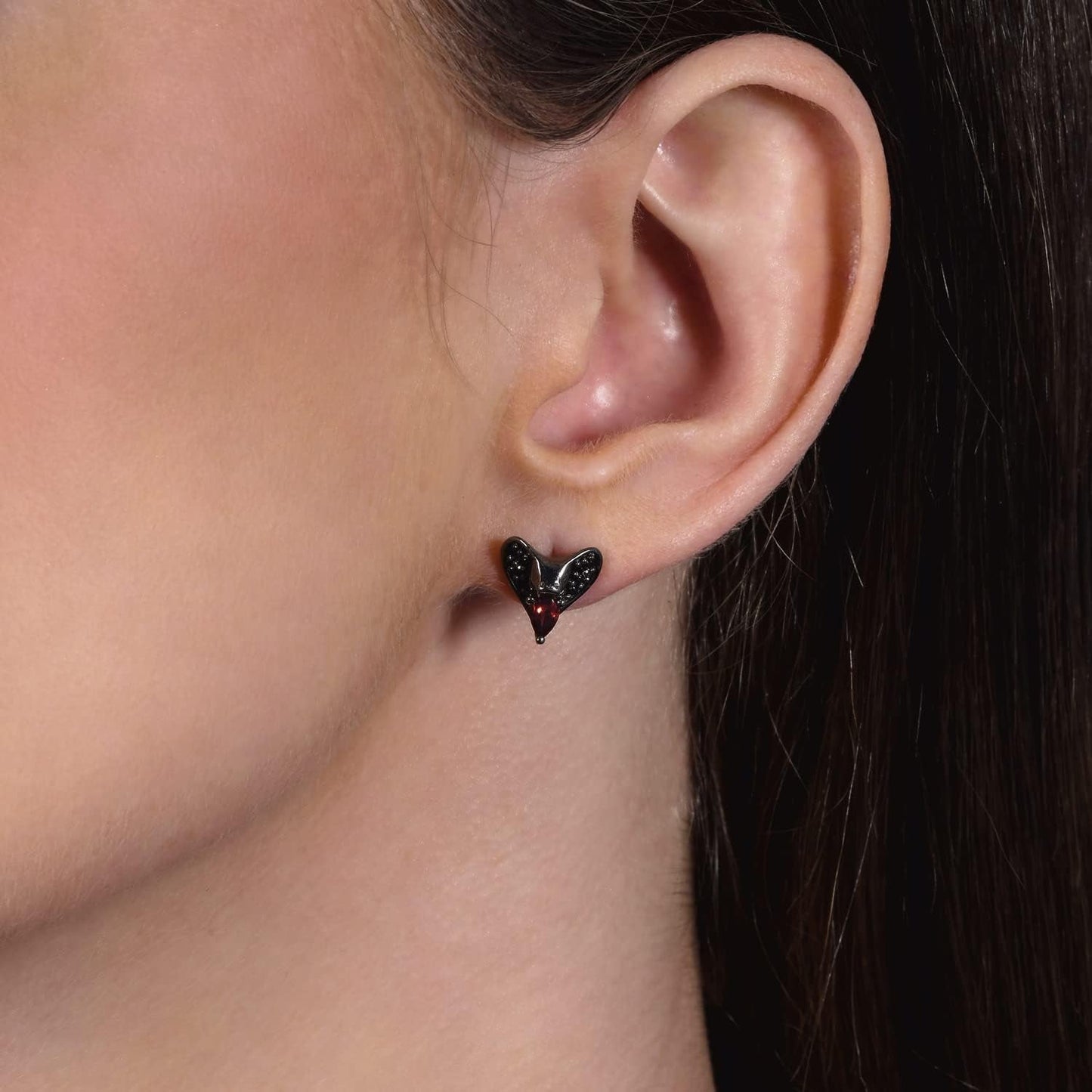 Enchanted Disney Fine Jewelry Black Rhodium over Sterling Silver 5X3 MM Pear Red Garnet and 1/8 Cttw Treated Black round Diamond Jafar Stud Earrings