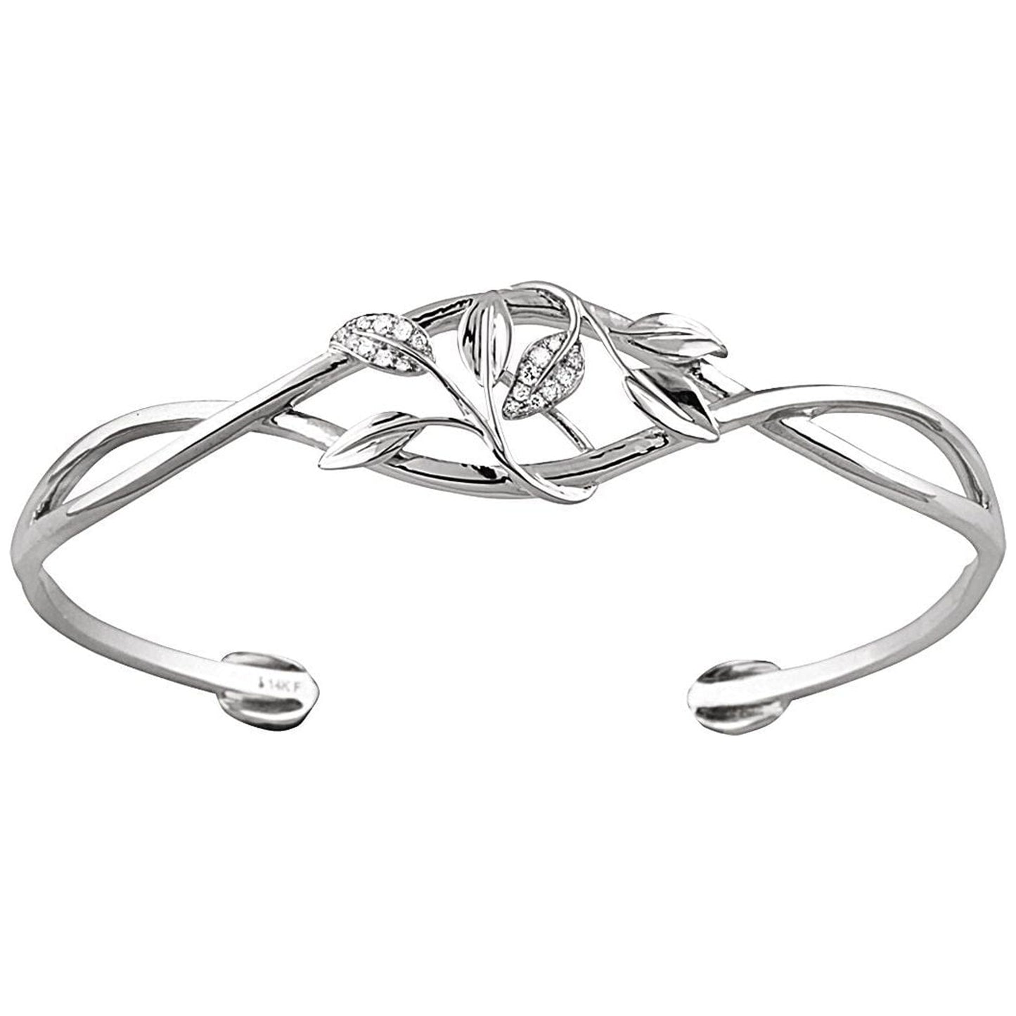 14K White Gold Diamond Leaf Design Cuff Bracelet