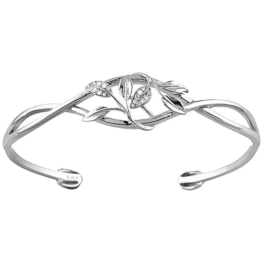 14K White Gold Diamond Leaf Design Cuff Bracelet