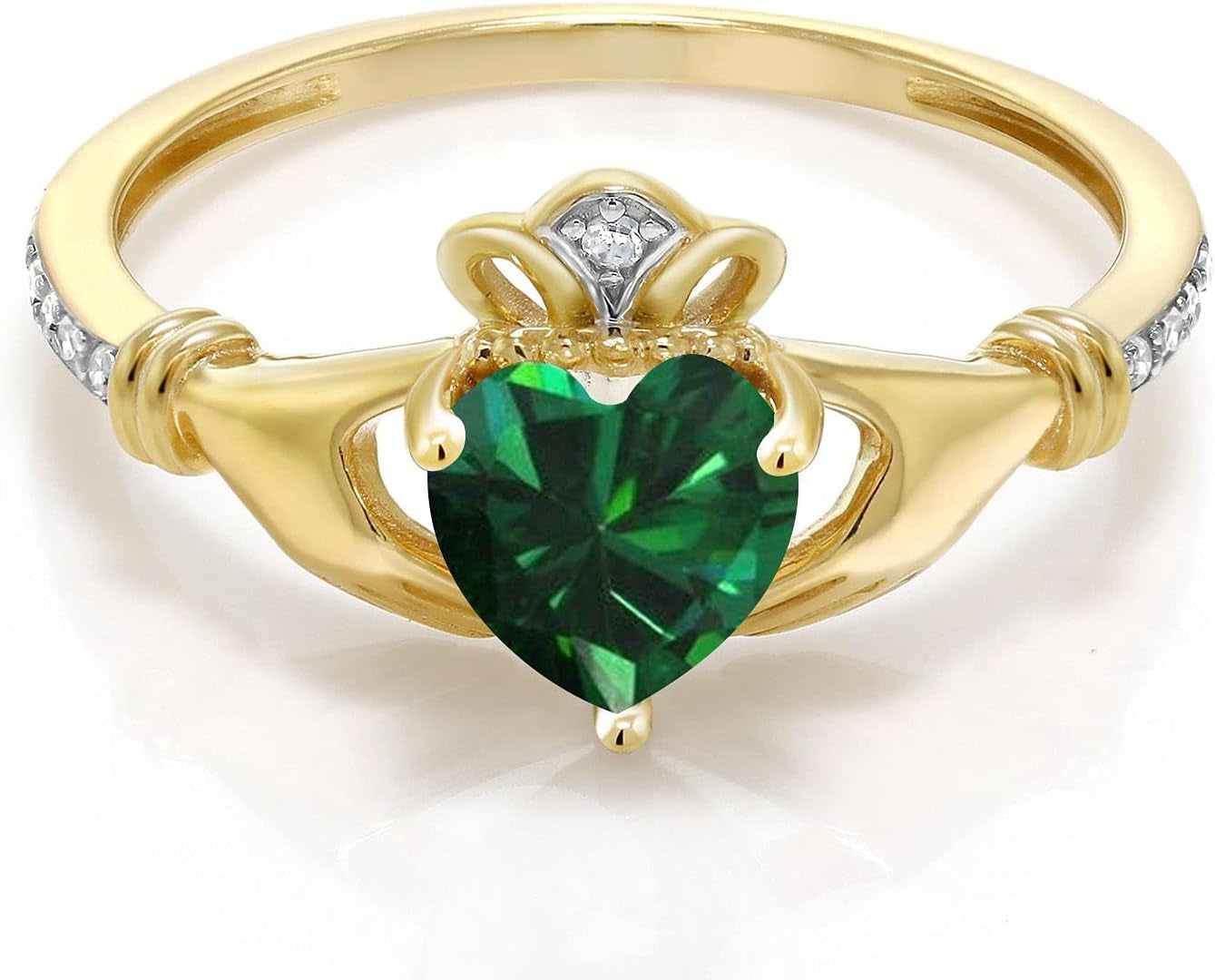 10K Yellow Gold 6MM Heart Shape Gemstone Birthstone and White Diamond Irish Celtic Claddagh Engagement Ring | Gold Ring for Women | Available in Size 5, 6, 7, 8, 9
