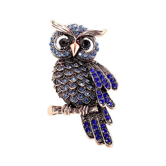 Luxury Diamond Blue Owl Brooch Pin Women'S Fashion Clothing Pin Accessories Retro Owl Brooch