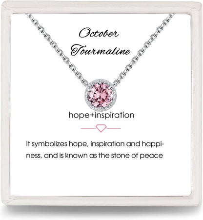 Sterling Silver Dainty Birthstone Pendant Necklace S925 White Gold Tiny Solitaire CZ Pendant Birthday Gift for Women