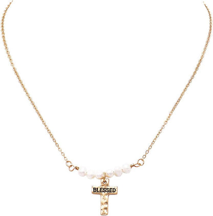 Women'S Stunning Inspirational Religious Blessed Cross Pendant with Freshwater Pearls Necklace, 15"+ 3" Extender