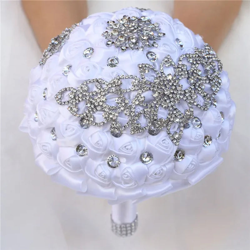 21CM Creative Handmade Diamond Flower Brooch Bouquet Ribbon Silk Rose Wedding Flower Bridal Bouquet Bridesmaid Holding Flowers