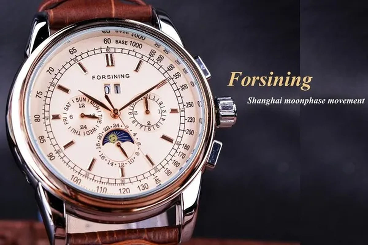 Forsining Moon Phase Shanghai Movement Rose Gold Case Brown Bracelet en cuir véritable Montres pour hommes Top Brand Luxury Auotmatic Watch