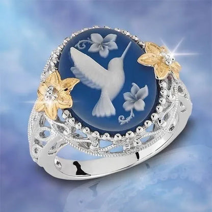 Exquisite Bridal Alloy Ring White Bird Pigeon Dove Blue Wax Diamond Jewelry Solid Flower Exaggerated Engagement Cocktail Party Wedding Band Rings for Women Size 6 - 10