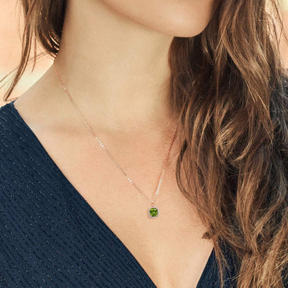 10K Rose Gold Gemstone Birthstone and White Diamond Halo Pendant Necklace | Cushion Cut 7MM | Rose Gold Necklace for Women | with 18 Inch Chain