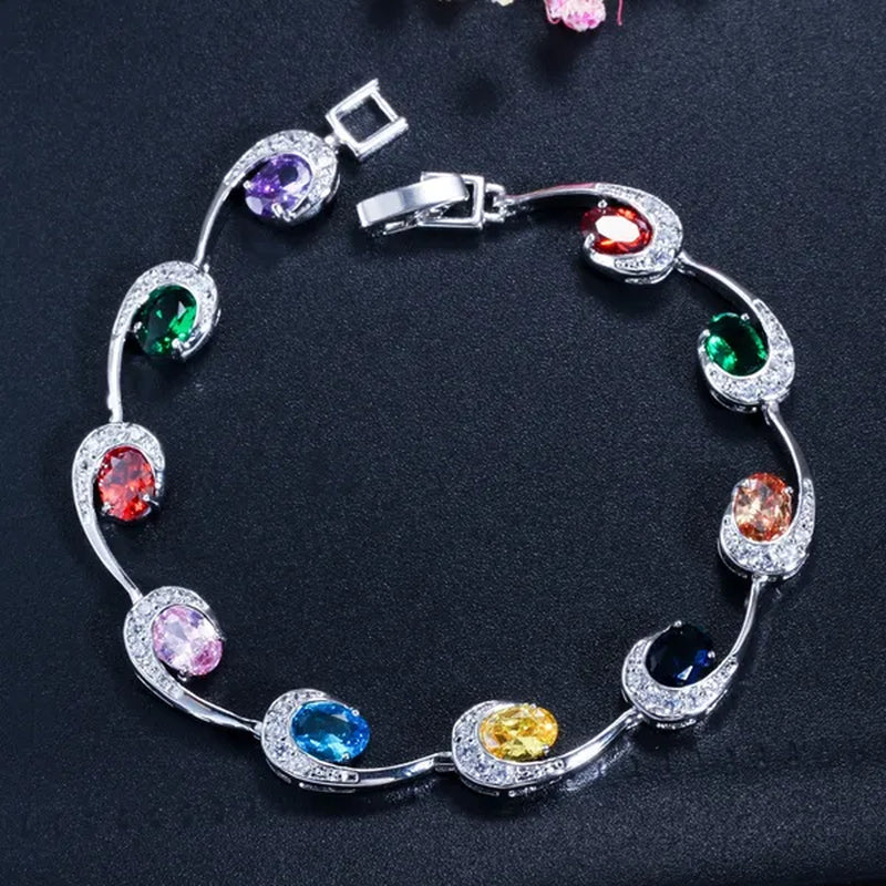 CANDICE Hot Sale Silver Hand Jewelry Classic Oval Red Crystal White Zircon Peacock Tennis Bracelet Bangle for Women Gift 18cm