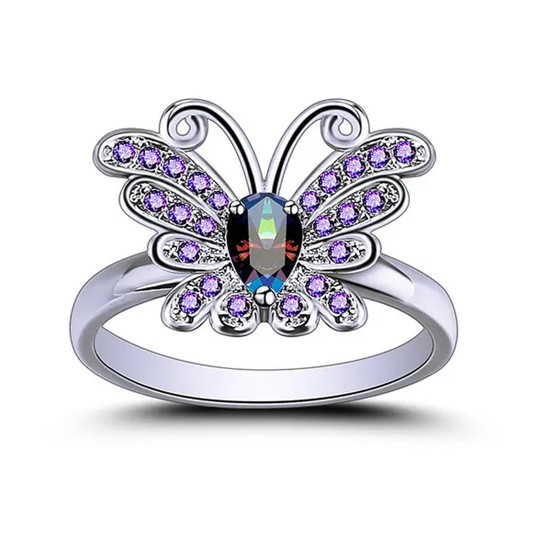 Jewelry 925 Sterling Silver Rainbow Topaz Filled Butterfly Ring for Teen Girls 4*6mm pear shaped high quality lab-created amethyst sapphire Pink gemstone Rings