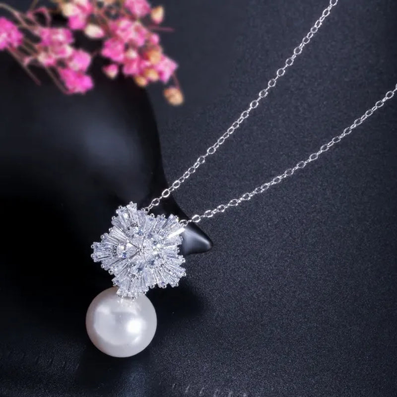Gloriya High Quality Red Pearl Pendant Necklace Earrings Sets With Sparkling CZ Zirconia Snowflake Christmas Jewelry Set For Women Gifts