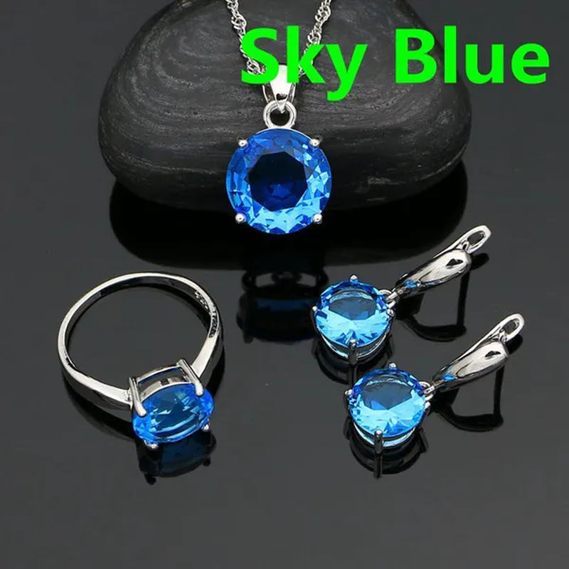 White Topaz 925 Sterling Silver Jewelry Ring Pendant Chain Earrings Set Classic Wedding Jewelry for Women Bride 3pcs