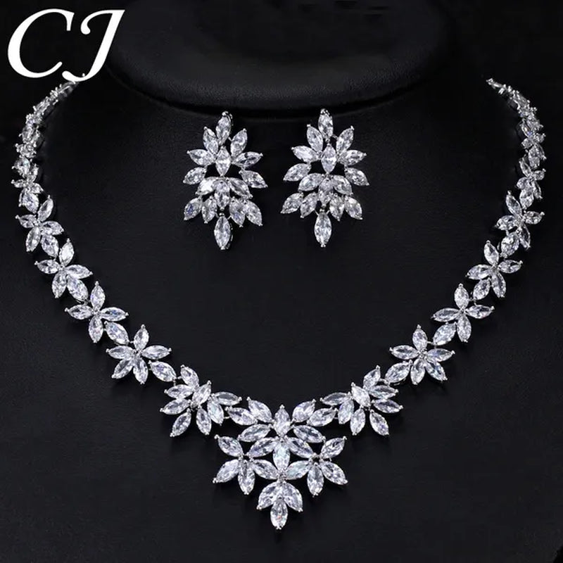 CANDICE High Quality White Gold Plated Wedding Jewelry Set Pave Luxury CZ Stone African Nigerian Big Flower Dangle Earrings Necklace for Bride