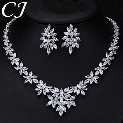 CANDICE High Quality White Gold Plated Wedding Jewelry Set Pave Luxury CZ Stone African Nigerian Big Flower Dangle Earrings Necklace for Bride