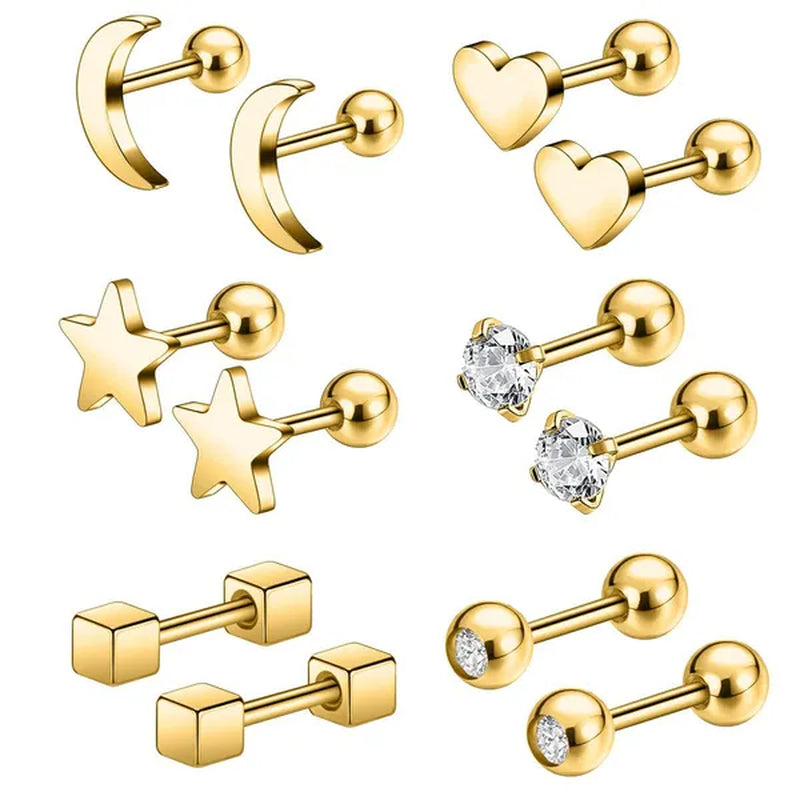 6 Pairs 5 Colors Stainless Steel Tiny Stud Earrings for Women Girls Heart Moon Star Crystal CZ Earrings Cartilage Helix Ear Piercing Set