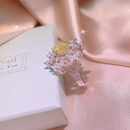Womens Ladies Citrine Gemstone Bling Crystal Flower Design Crown Ring Adjustable Open Ring Wedding Party Ring Jewelry