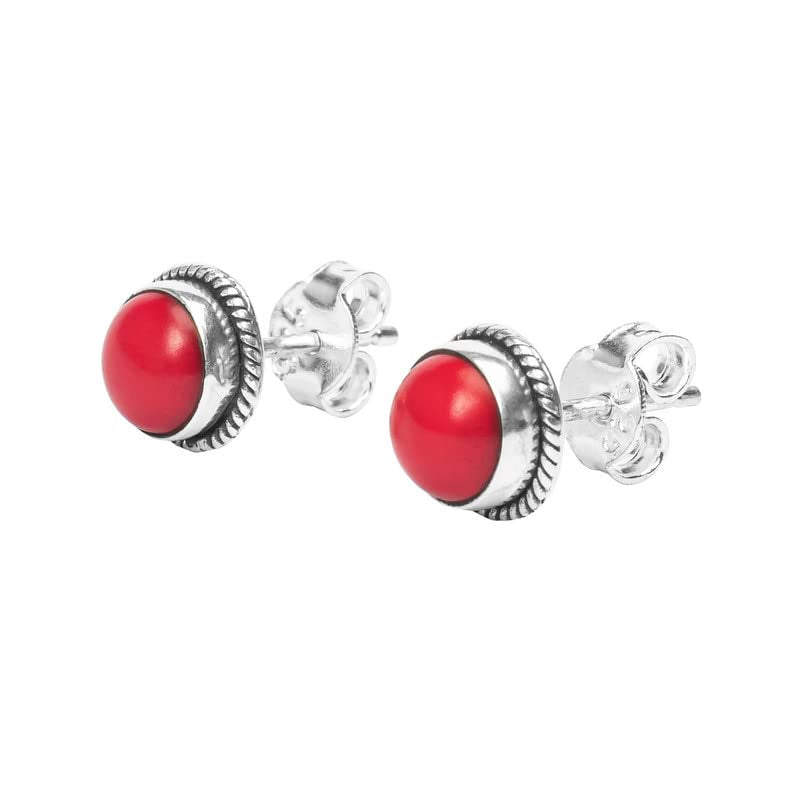 Coral Stone Stud Post Earrings, 925 Sterling Silver Gemstone Earring 6 MM round Girls Women Gift