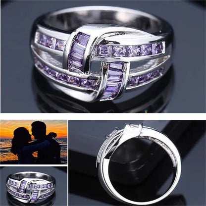 Princess Silvering Purple Amethyst Gemstone Birthstone Wedding Engagement Heart Ring