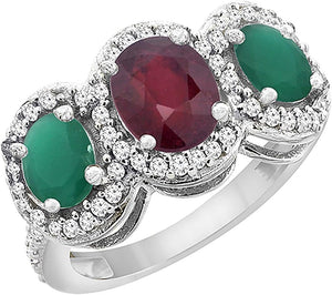 14K White Gold Enhanced Ruby & Cabochon Emerald 3-Stone Ring Oval Diamond Accent, Sizes 5-10