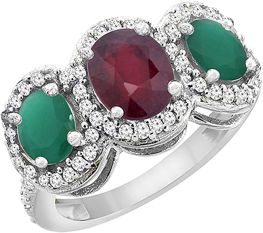 14K White Gold Natural Quality Ruby & Cabochon Emerald 3-Stone Mothers Ring Oval Diamond Accent, Sz5-10