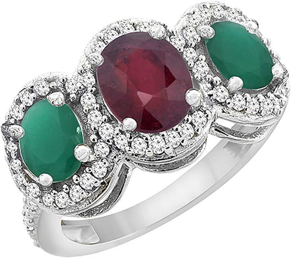 14K White Gold Natural Quality Ruby & Cabochon Emerald 3-Stone Mothers Ring Oval Diamond Accent, Sz5-10