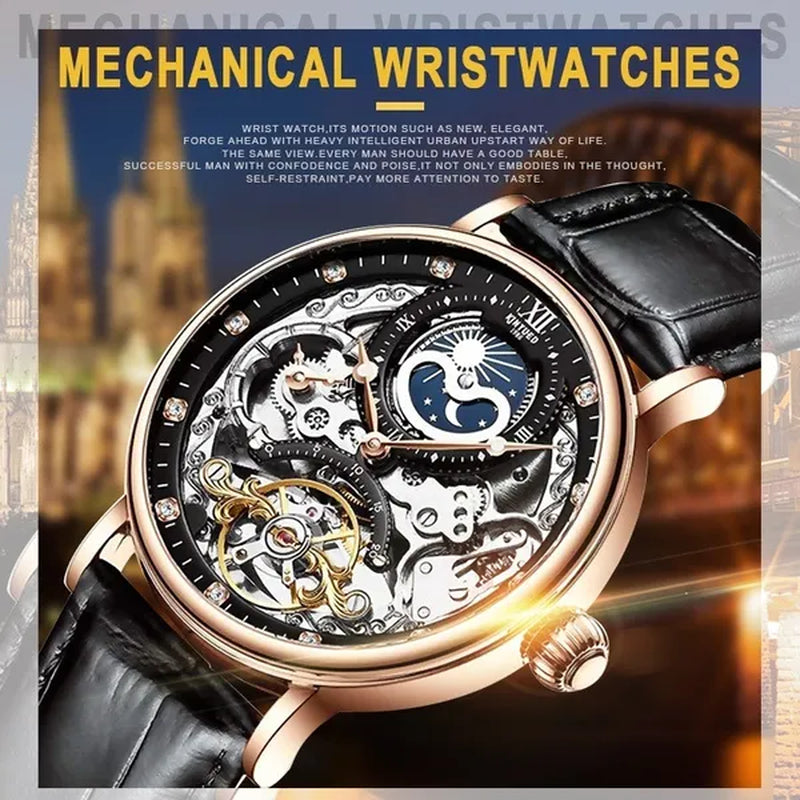 KINYUED Mechanical Automatic Watch Men Tourbillon Wristwatch Sports Clock Mechanism Self Winding Watches Casual Moon horloge man watches