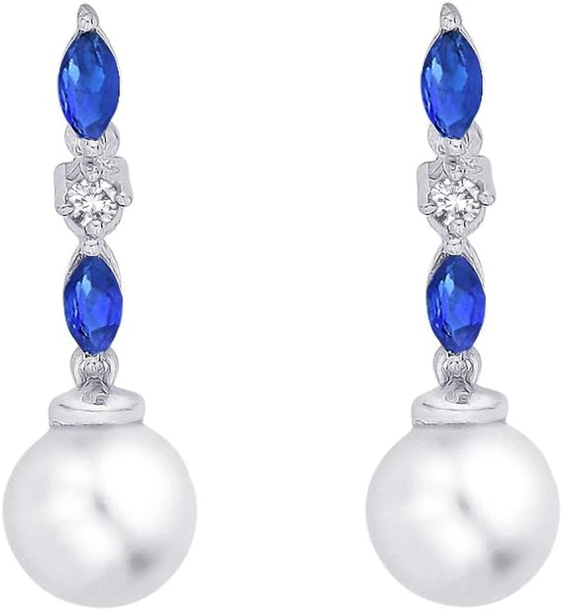 Cultured Freshwater Pearl and 1/20 Ct. Diamond with 1/2 Ct. Sapphire Earrings in 14K White Gold