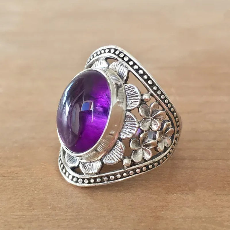 Exquisite Woman Fashion Vintage Wide Edge Engraved Flower Ring  Amethyst  Ring Engagement Party Bride Wedding High Jewelry Christmas Valentine's Day Gift Ring Size US4-12