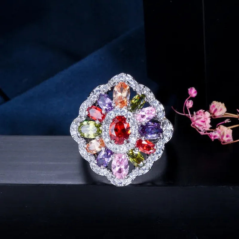 Gloriya Fashion Summer Silver Plated Engagement Party Ring Jewelry Inlaid Exquisite Multi Cut Green Red Purple Color CZ Crystal Big Wedding Band for Women