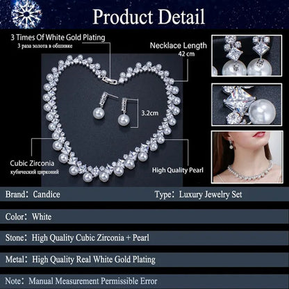 CANDICE High Quality White Gold Plating Square CZ Stone With White Pearl Luxurious Bridal Jewelry Wedding Choker Necklace and Drop Earrings Sets for Brides Dress Accessories