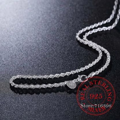 Real 100% 925 sterling silver Men's Fine Jewelry 3mm twisted rope chain necklace Size 16-30inch charm necklace Colar