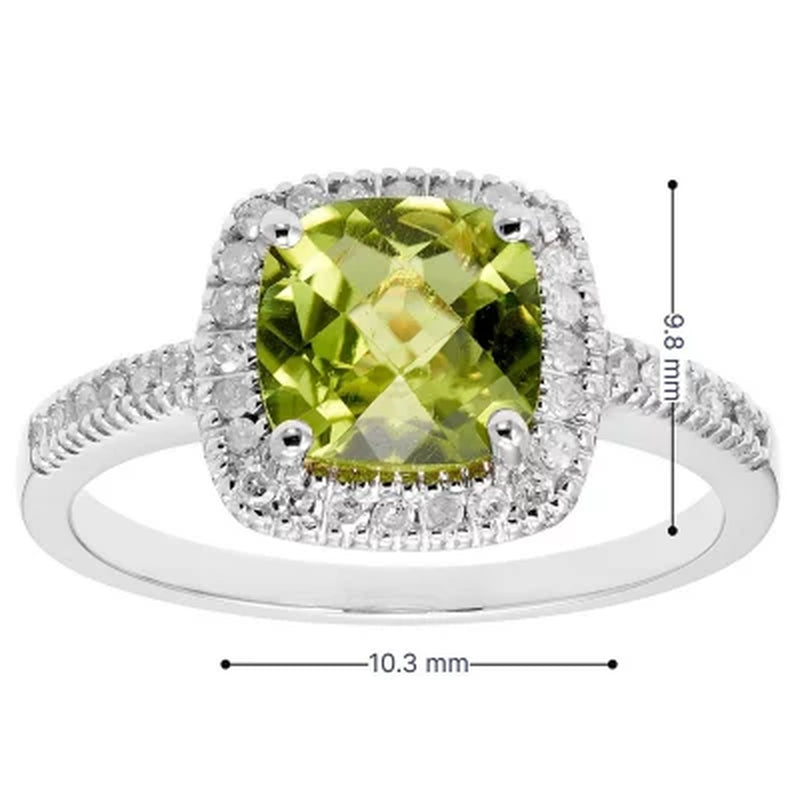 Cushion-Cut Peridot and Diamond Ring in 14K White Gold