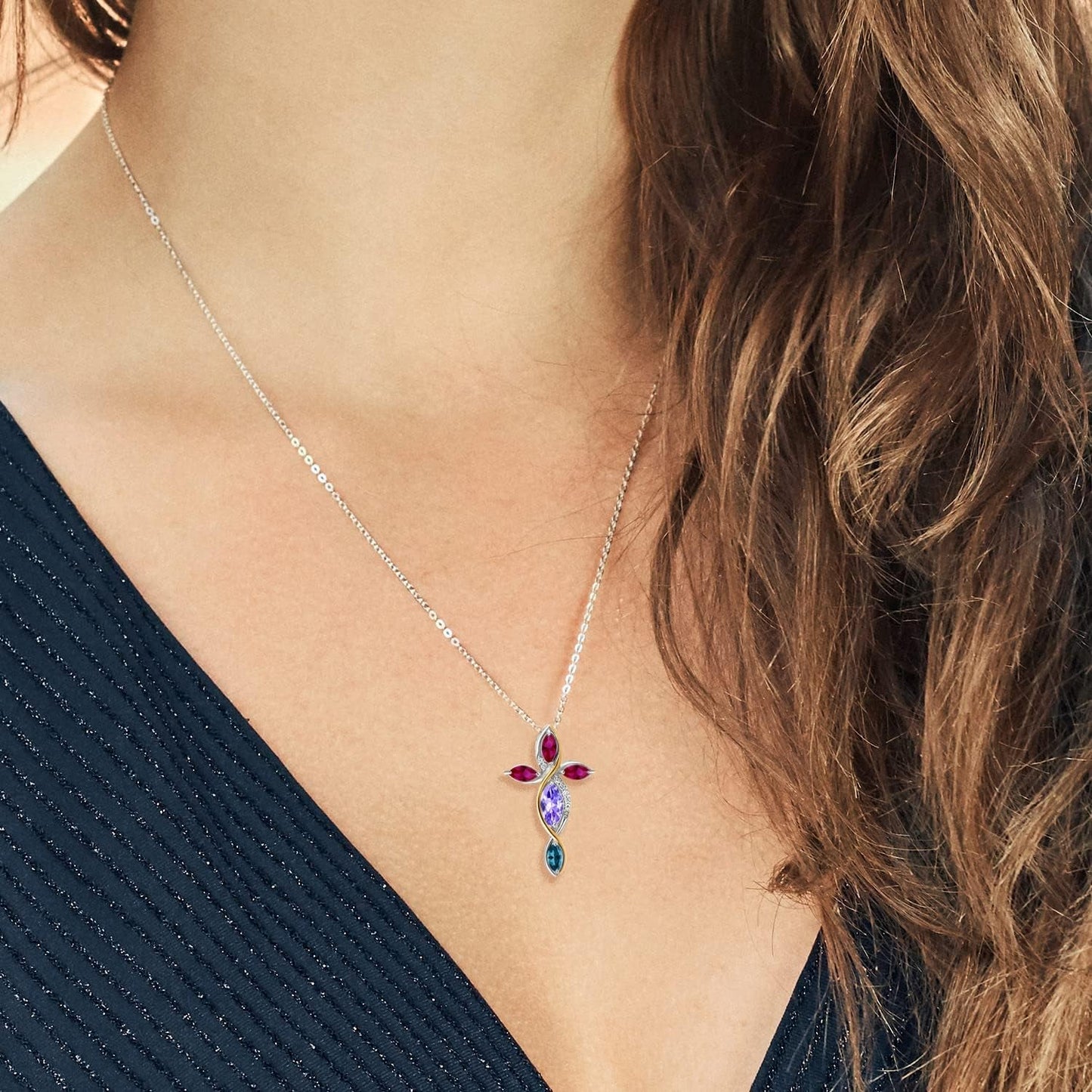 1.61 Ct Blue Tanzanite Red Created Ruby 925 Silver and 10K Yellow Gold Lab Grown Diamond Cross Pendant with Chain