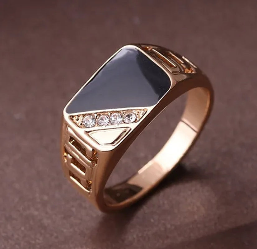 Fashion Male Jewelry Classic Gold Color White Sapphire Diamond CZ Wedding Ring Black Enamel Agate Rings for Men Christmas Party Gift Size 7 8 9 10 11 12