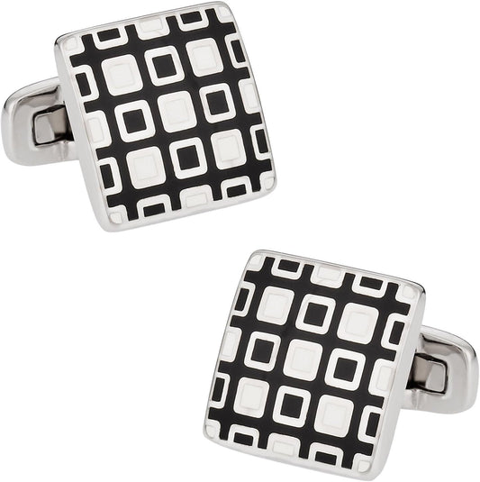 Black White Enamel Square Cufflinks with Presentation Box
