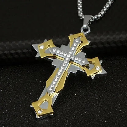 Fashion Men's Creative Diamond Cross Necklace Double Pattern Jesus Cross Pendant Hip Hop Necklaces for Men Cross Jewelry Religious Belief Amulet Birthday Anniversary Gift