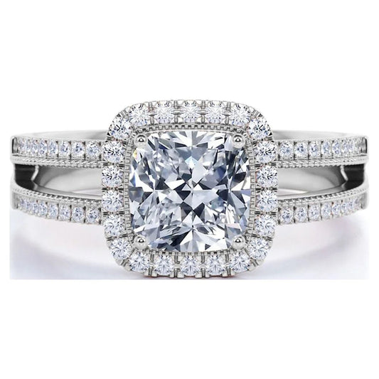 .63 Ct Cushion Cut Real Diamond - Vintage Style - Engagement Ring - Split Shank - Halo Ring - 10K White Gold