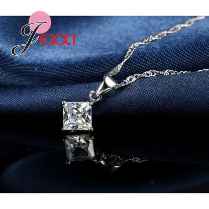 Elegant Wedding Bridal Jewelry Necklace Earring Ring Set for Women Fashion Silver Chain Crystal Pendant Birthday Gifts