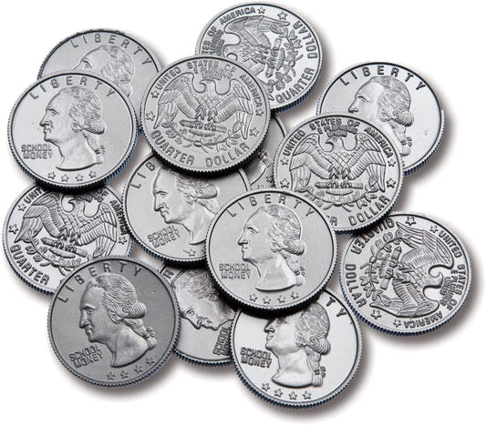 Play Quarters - Set of 100 Plastic Coins - Designed and Sized like Real US Currency - Teach Money Math with This Pretend Play Resource Master Coins