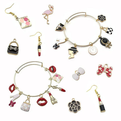 30Pcs Mixed Pattern Pink Drop Oil Fish Flower Horse Enamel Charm DIY Jewelry Bracelet Necklace Pendant Gold Tone Float Finding