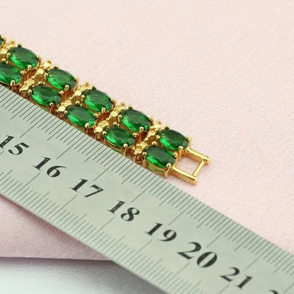 Flawless Long Gold Color Women Jewelry Sets Green Zircon Drop Earrings Necklace Pendant Rings Oval Bracelet Dating Gift