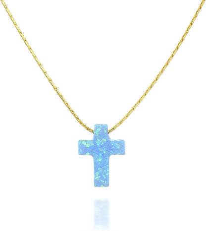 Opal Cross Choker Necklace – Thin Chain, Gold Filled or Silver, Blue or White, 13.5–16.5”