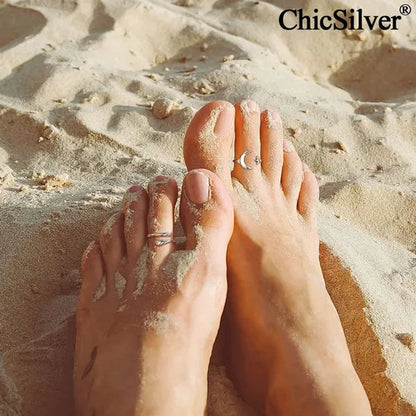 Chicsilver Moon and Star Toe Ring for Women 925 Sterling Silver Hypoallergenic Adjustable Toe Ring Band Women Beach Foot Jewelry
