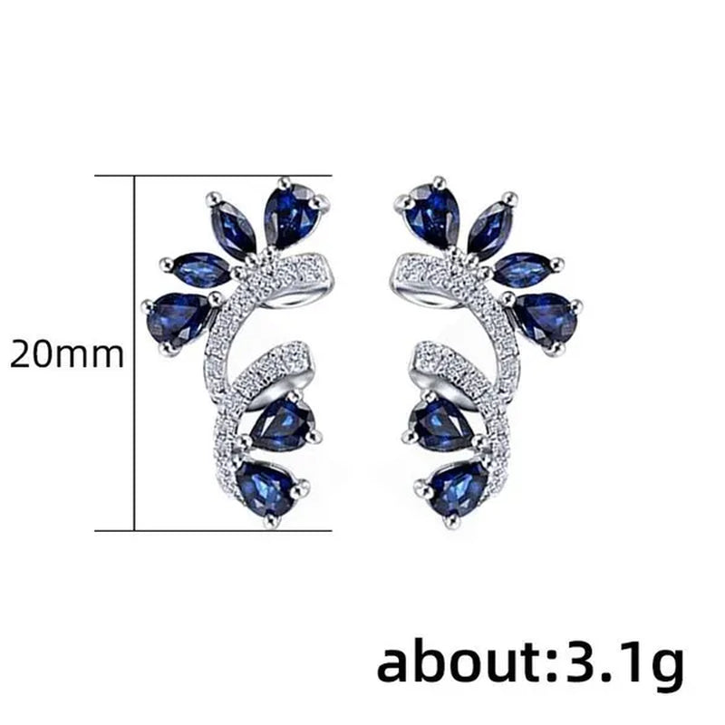 Trendy Women Climbing Earrings Cubic Zirconia Blue Sapphire Earrings Bridal Wedding Flower Earrings Valentine'S Day Gift