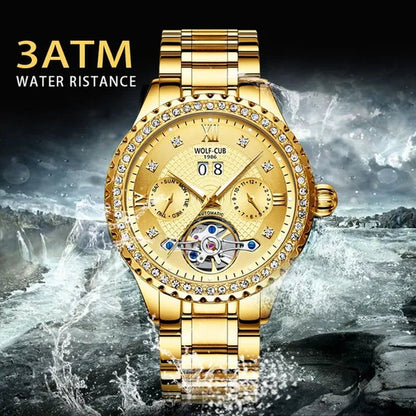 WOLF-CUB New Men Luxury Diamond Watch Full Gold Watch Tourbillon Mechanical Watch Automatic Watch Stainless Steel Waterproof Luminous Relogio Masculinos