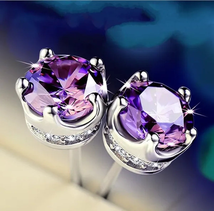 Women Fashion Jewelry 925 Sterling Silver Amethyst Diamond Studs Earrings